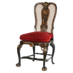 George II Style Chinoiserie Japanned Gilt Decorated Ebonized Cane Side Chair