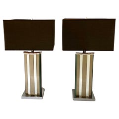 Art Deco Style Modern Smoked Mirror Skyscraper Cityscape Table Lamps, Pair