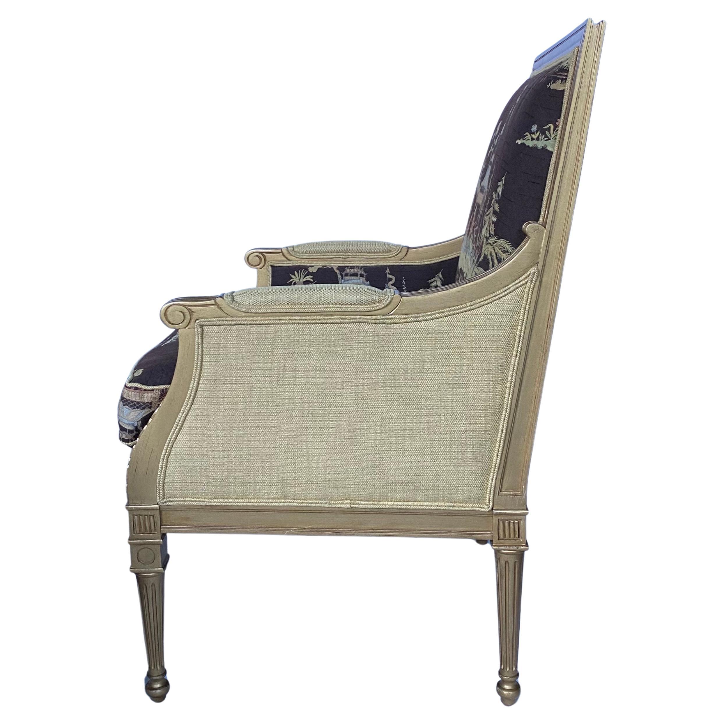 Carved Lillian August Louis XVI Style Gilt Chinoiserie Bergere Club Chairs