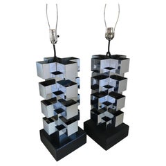 Lampes de table cubistes chromées de style brutaliste « Mid-Century Modern » signées Curtis Jeré, années 1970