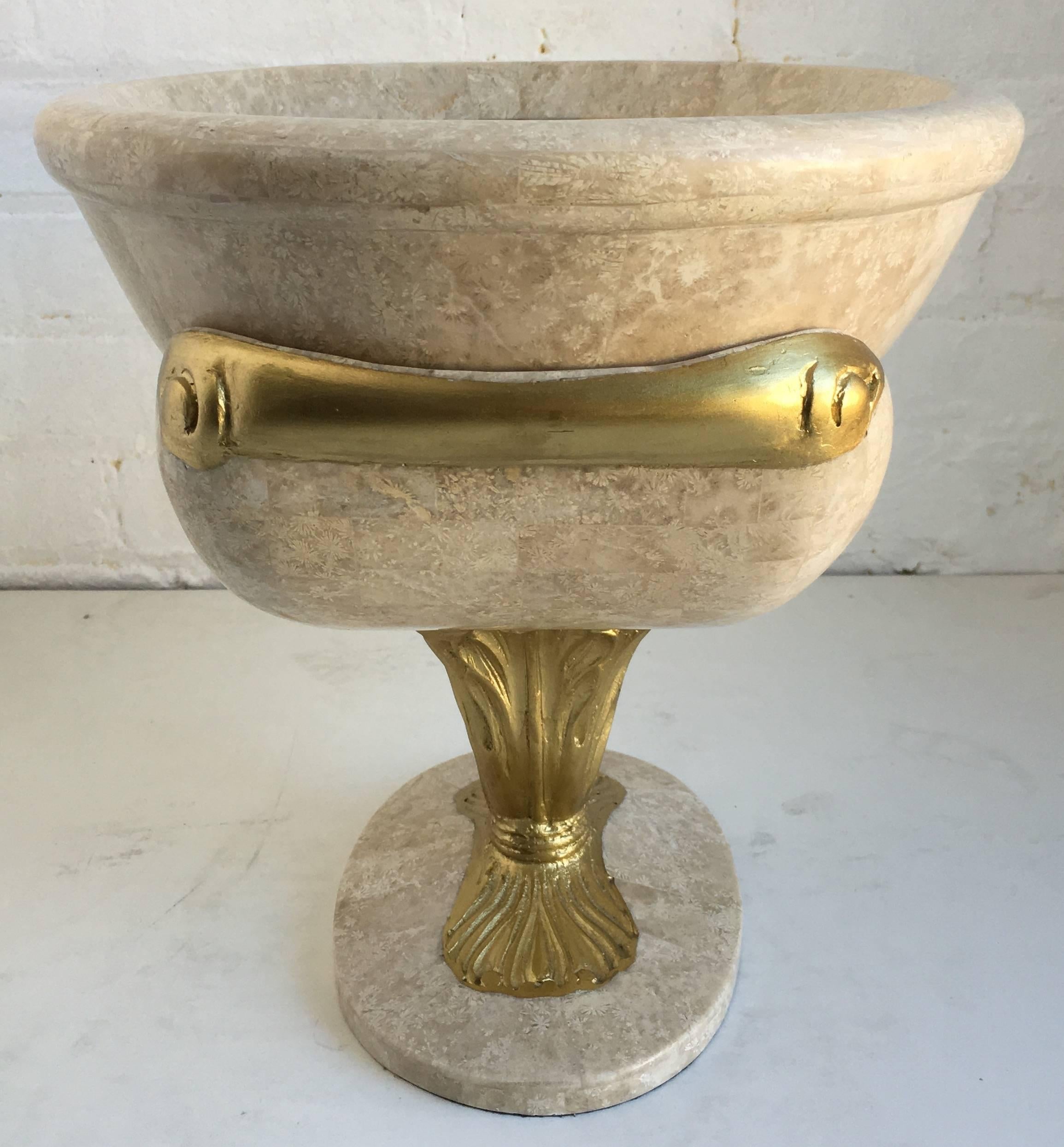 Decorative tessellated stone footed centerpiece urn with gold painted detailing and brass inlay. Removable oval shaped bowl/dish supported on curved sculptural base. In the style of Maitland Smith.