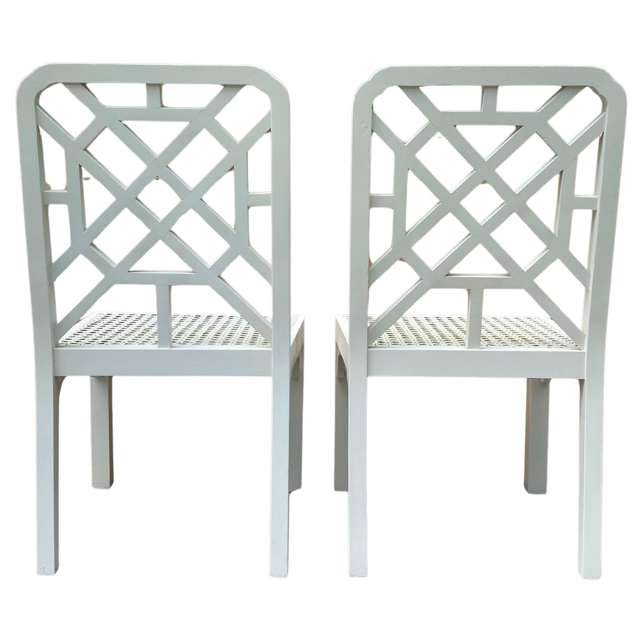 Painted Chinese Chippendale Style Fretwork Armchairs, Pair For Sale