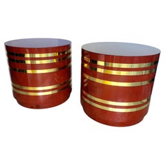 Mid-Century Modern Burl Wood and Brass Striped Round Side Drum Tables, Pair
