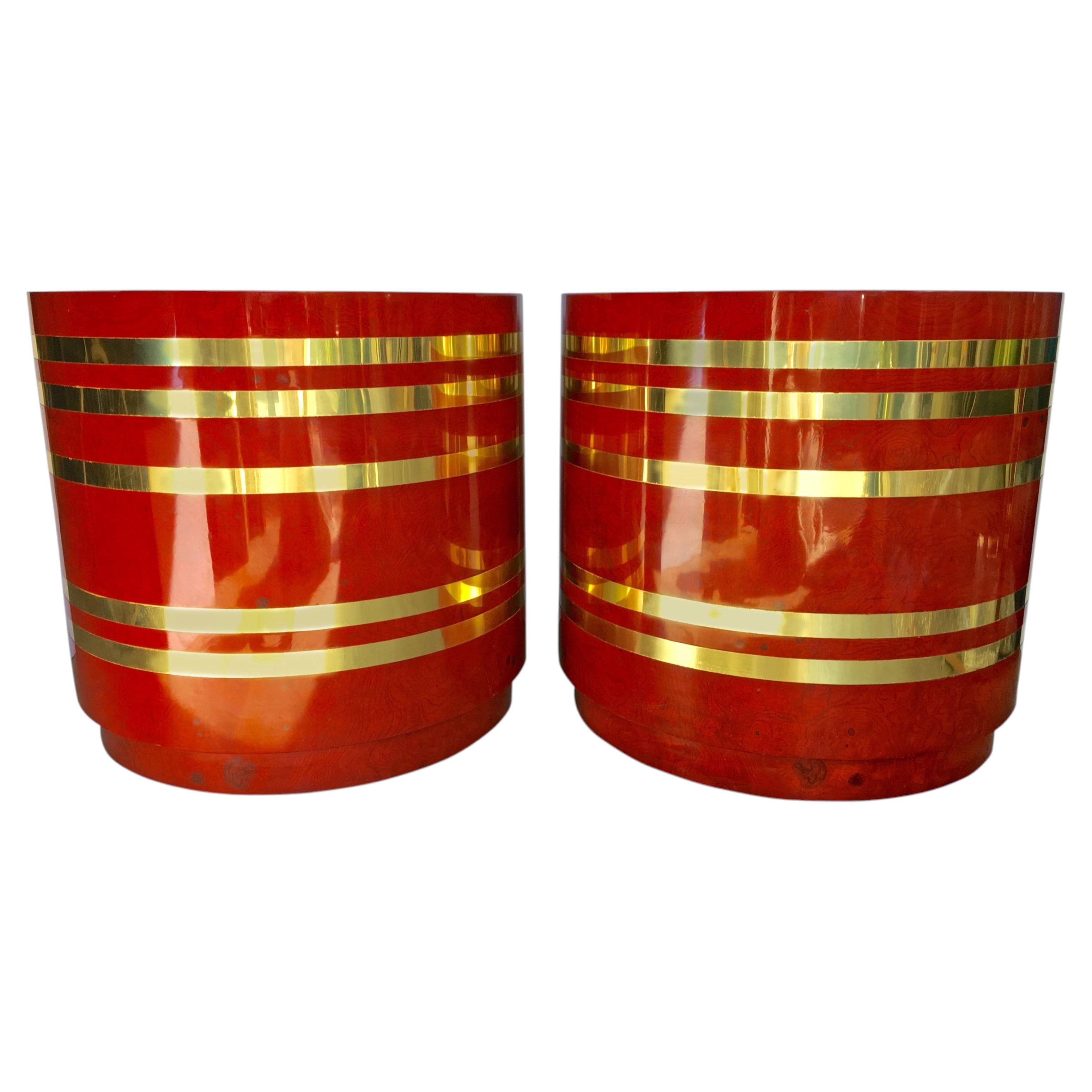 Mid-Century Modern Burl Wood and Brass Striped Round Side Drum Tables, Pair For Sale