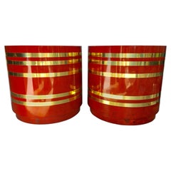 Mid-Century Modern Burl Wood and Brass Striped Round Side Drum Tables, Pair