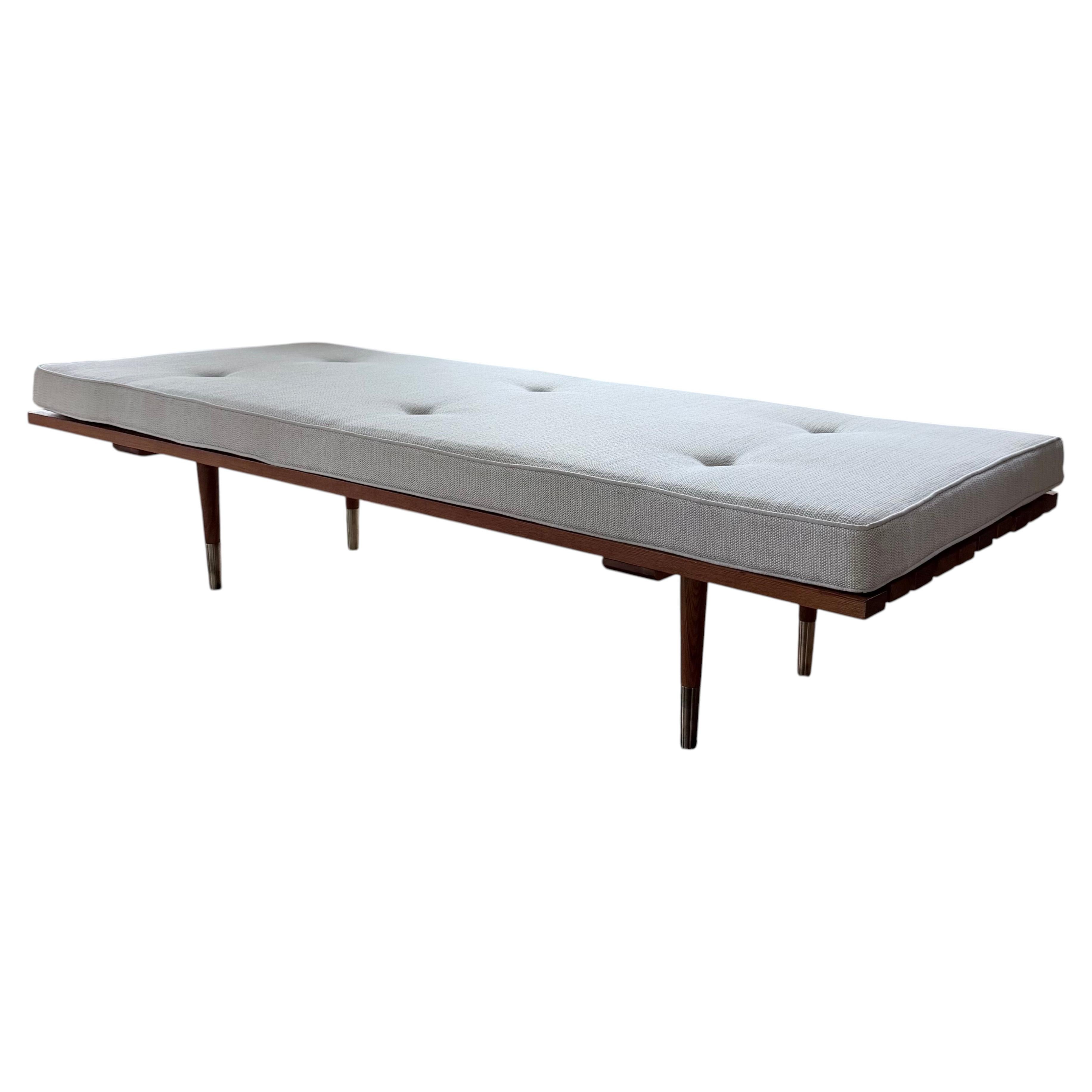 George Nelson Style Mid Century Modern Slatted Wood Bench Daybed Tufted Cushion