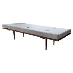 George Nelson Style Mid Century Modern Slatted Wood Bench Daybed Tufted Cushion