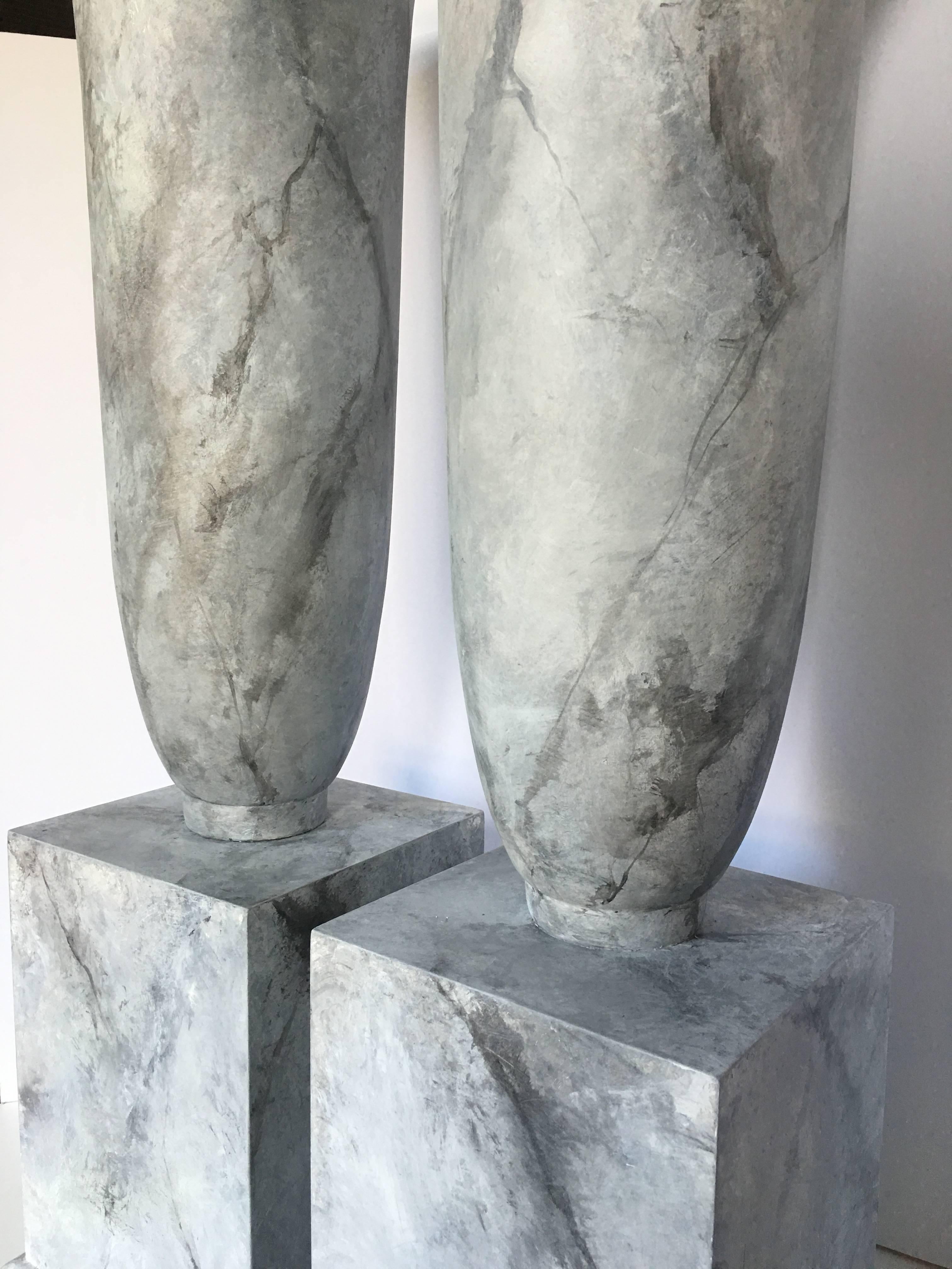 Classical Roman Grand Faux Marble Urn Vessels, Pair For Sale