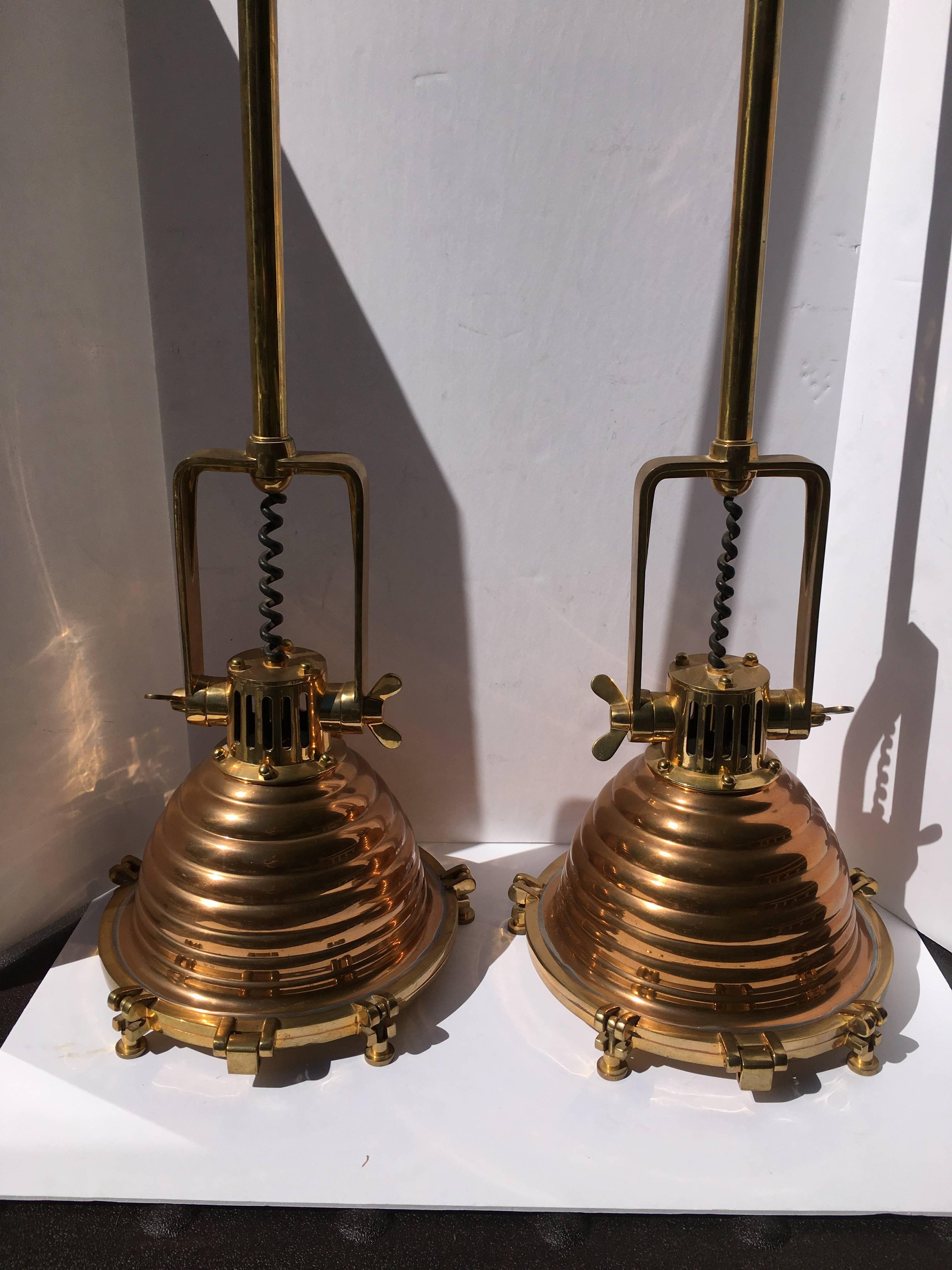 Mid-Century Modern Brass and Copper Nautical Pendant Lights, Pair