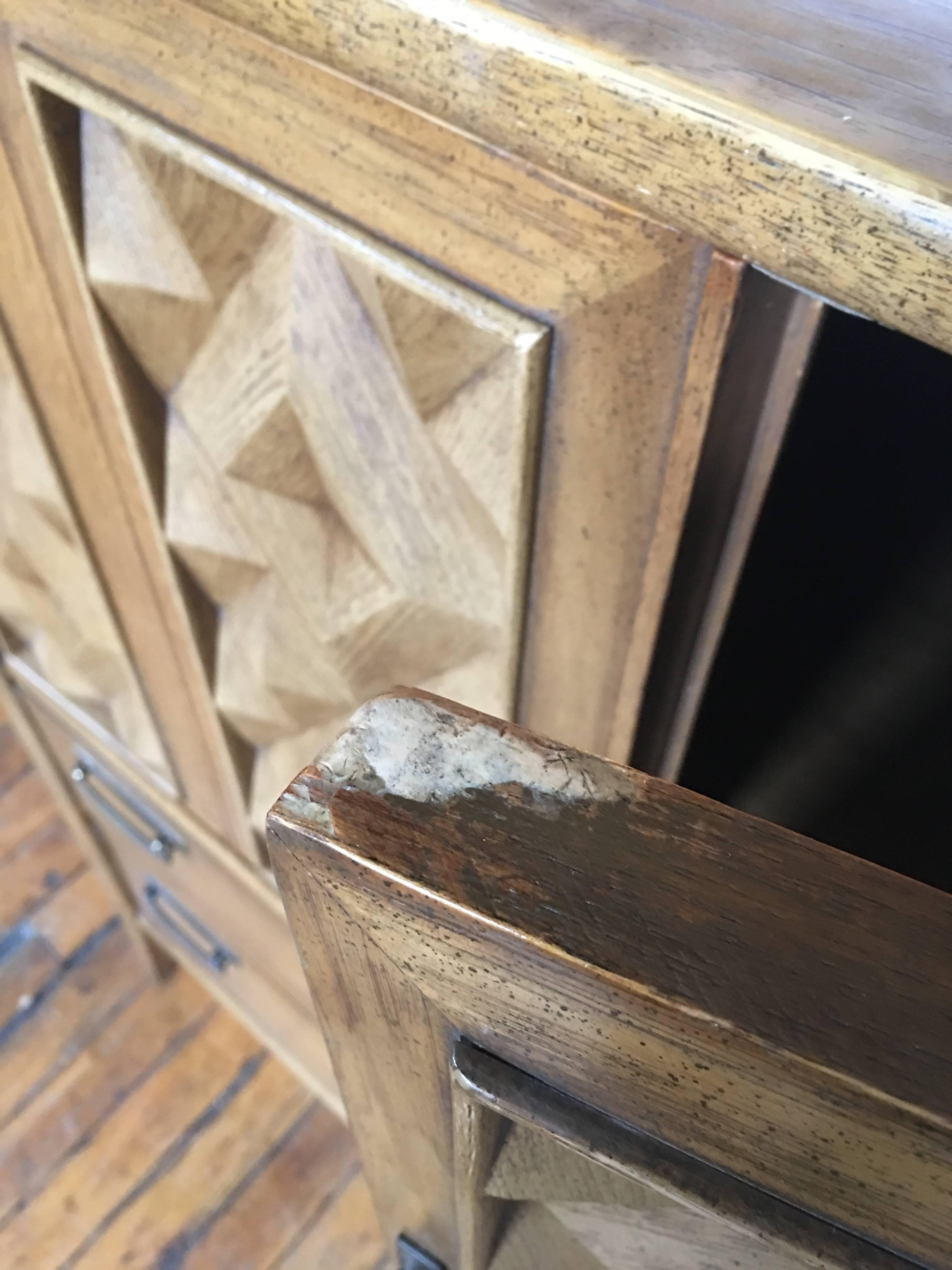 Brutalist Geometric Cubist Carved Mid-Century Modern Armoire Bar Cabinet Chest 2