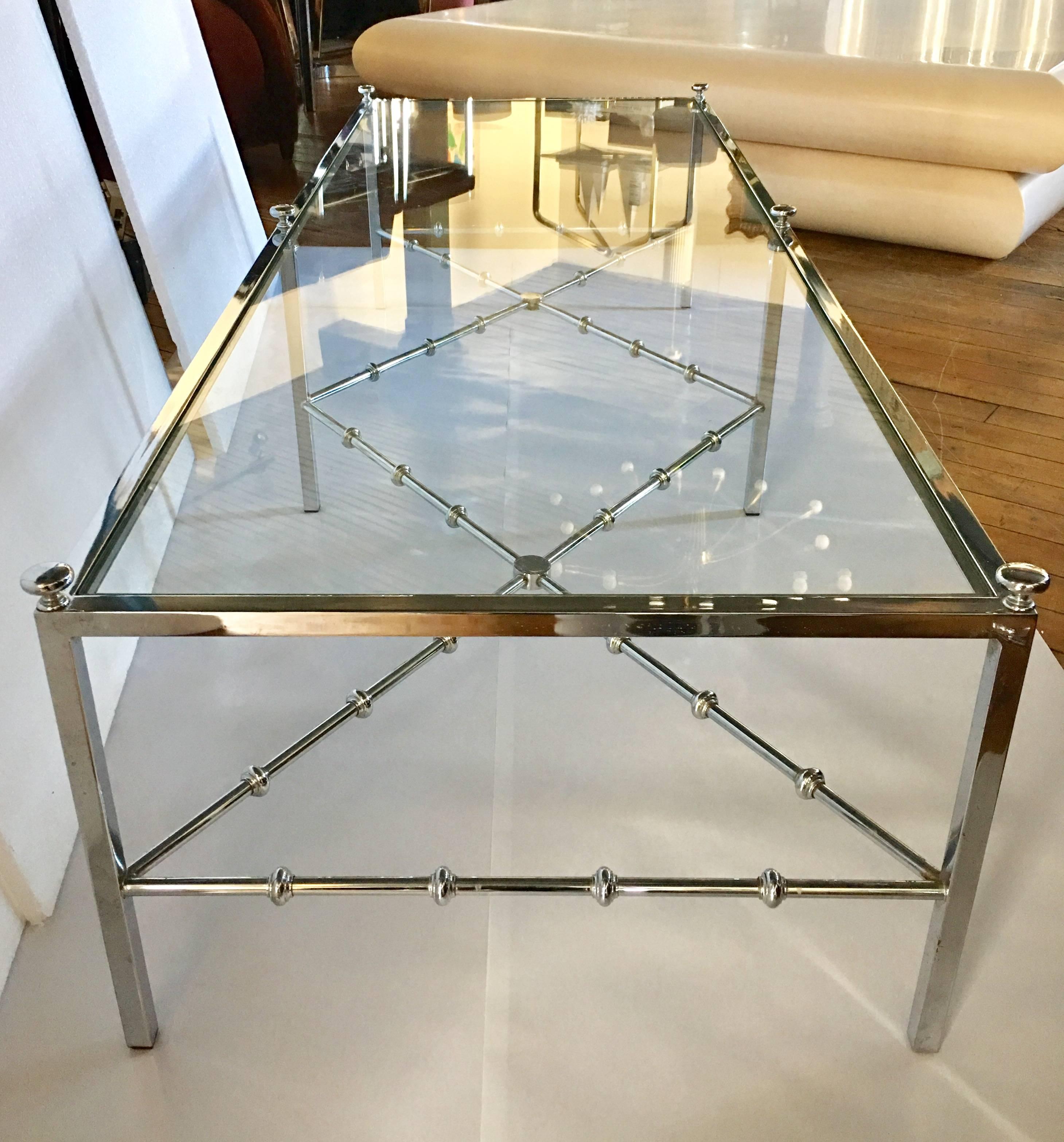Hollywood Regency Maison Jansen Style Long Chrome Faux Bamboo Cocktail Table For Sale