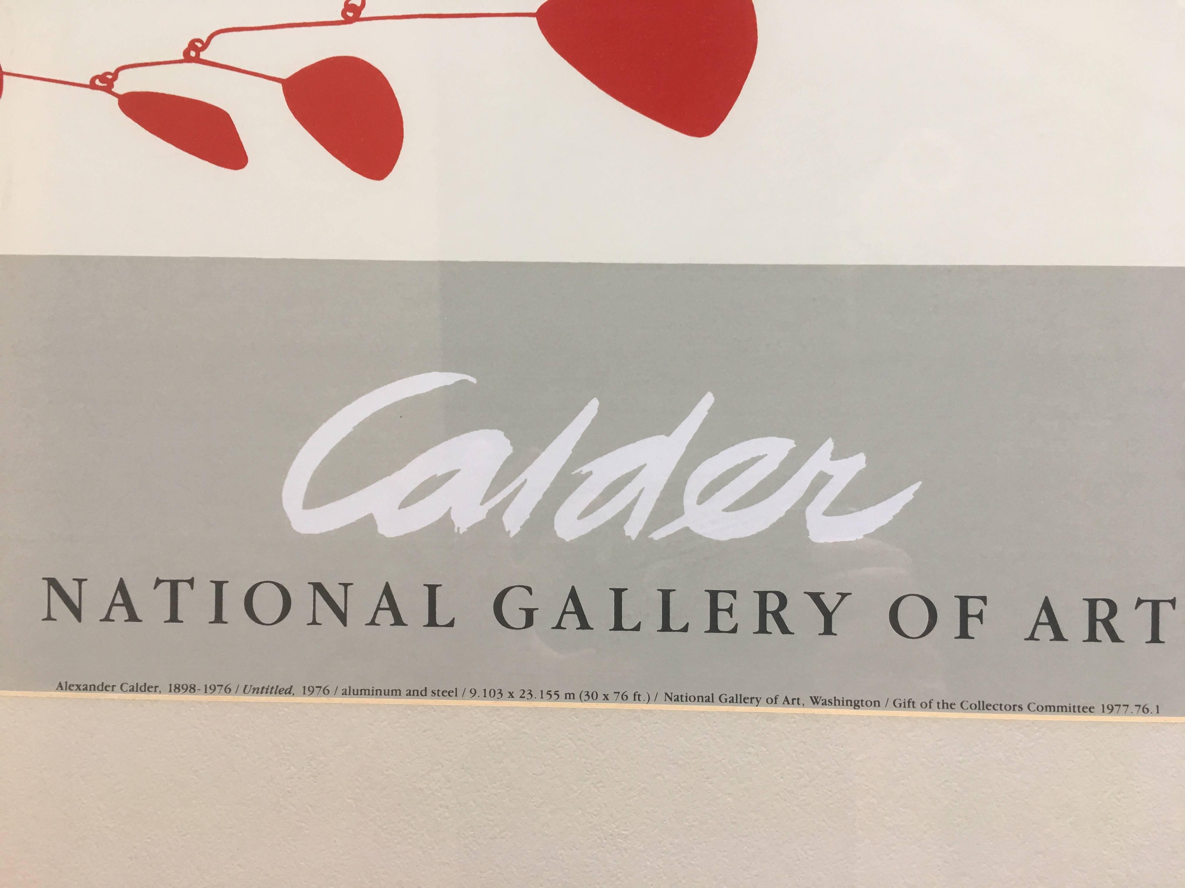 Mid-Century Modern Alexander Calder art exhibition poster by the National Gallery of Art. Poster features untitled, 1976 aluminium and steel. Poster is framed behind plexiglass in a metal brass frame.