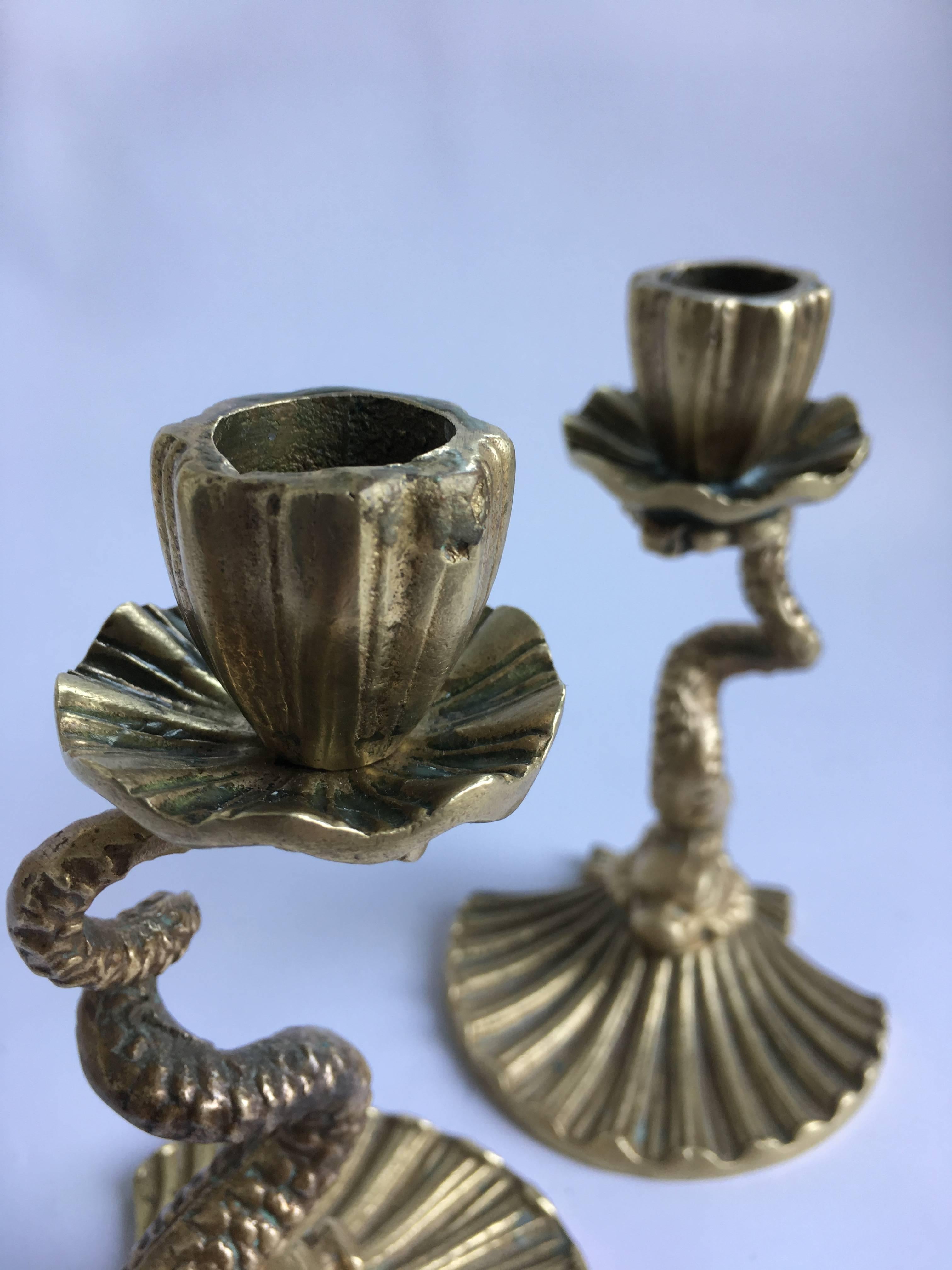 Late 20th Century Arthur Court Brass Serpent Candlesticks, 1979