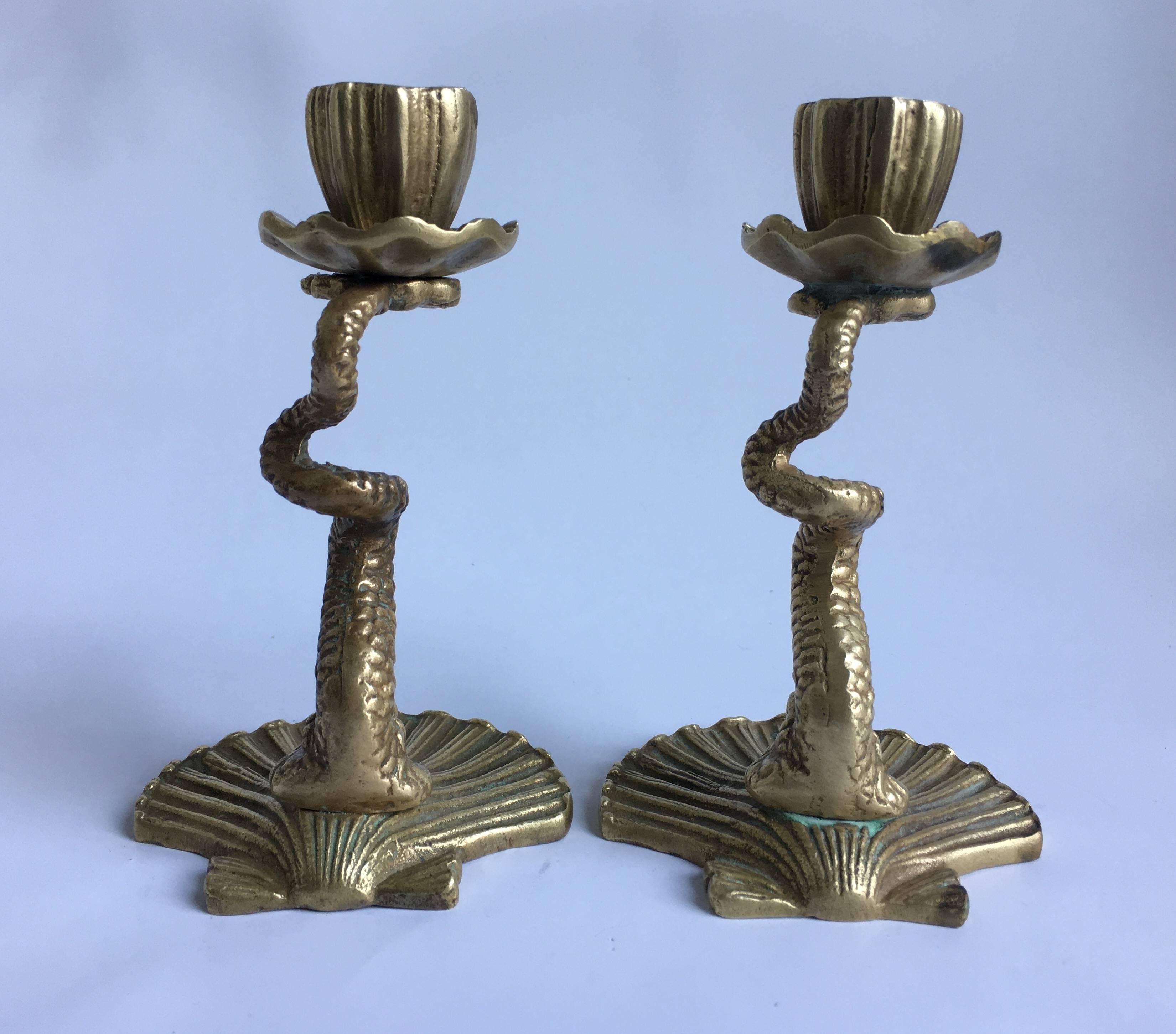 Mid-Century Modern Arthur Court Brass Serpent Candlesticks, 1979