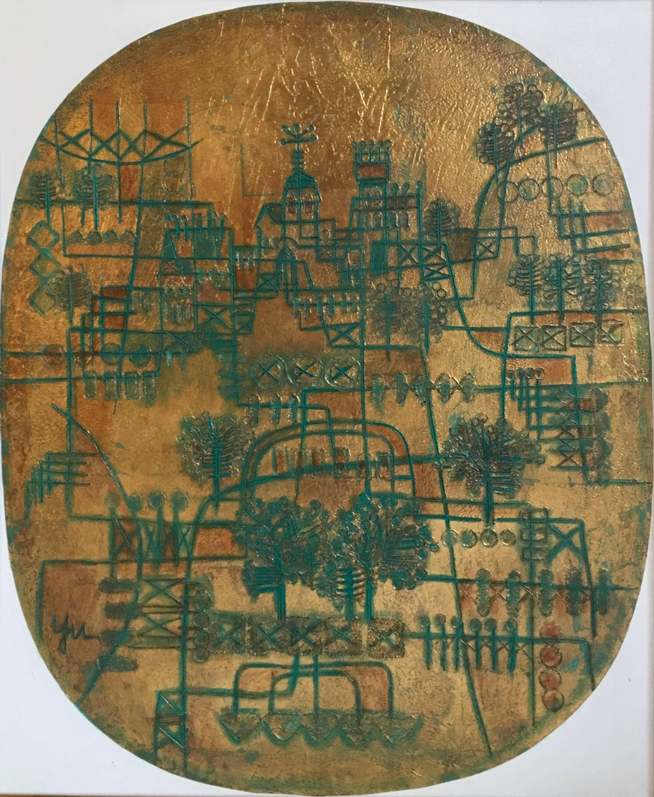 Quadro astratto di metà secolo di Heshi Yu. Il dipinto presenta toni riflessivi oro e verde acqua ed è presentato in una cornice originale di lino e legno. Firmato in basso a sinistra. 

Dimensioni del telaio: 26,5 x 30,5
Dimensioni della tela: