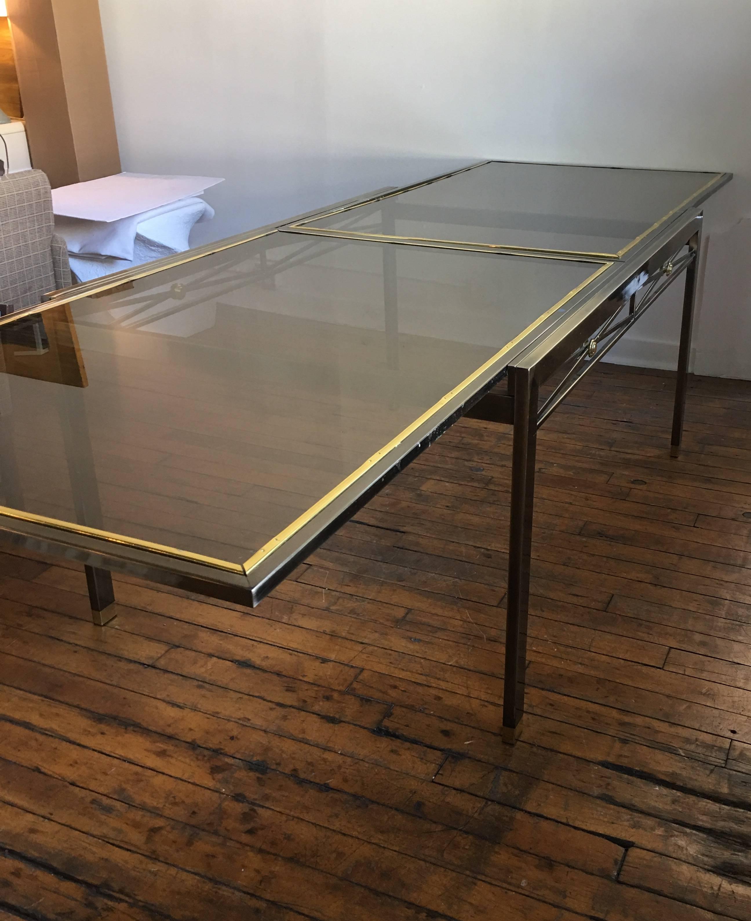 Mixed Metal Brass and Glass Extension Dining Table, Mastercraft Directoire Style In Good Condition In Lambertville, NJ