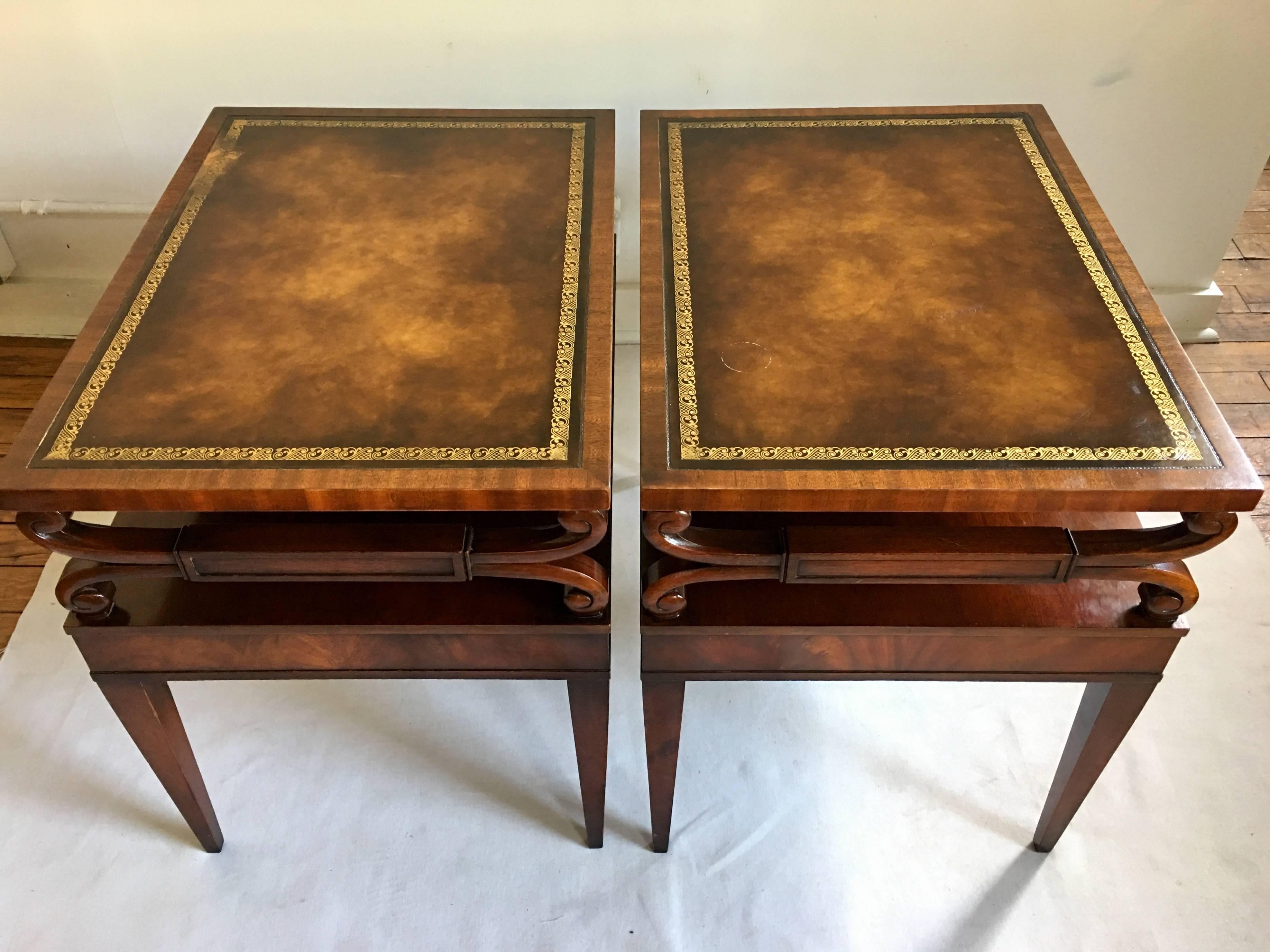 Hollywood Regency Midcentury Mahogany Scrolled Leather End Side Tables by Weiman, Pair