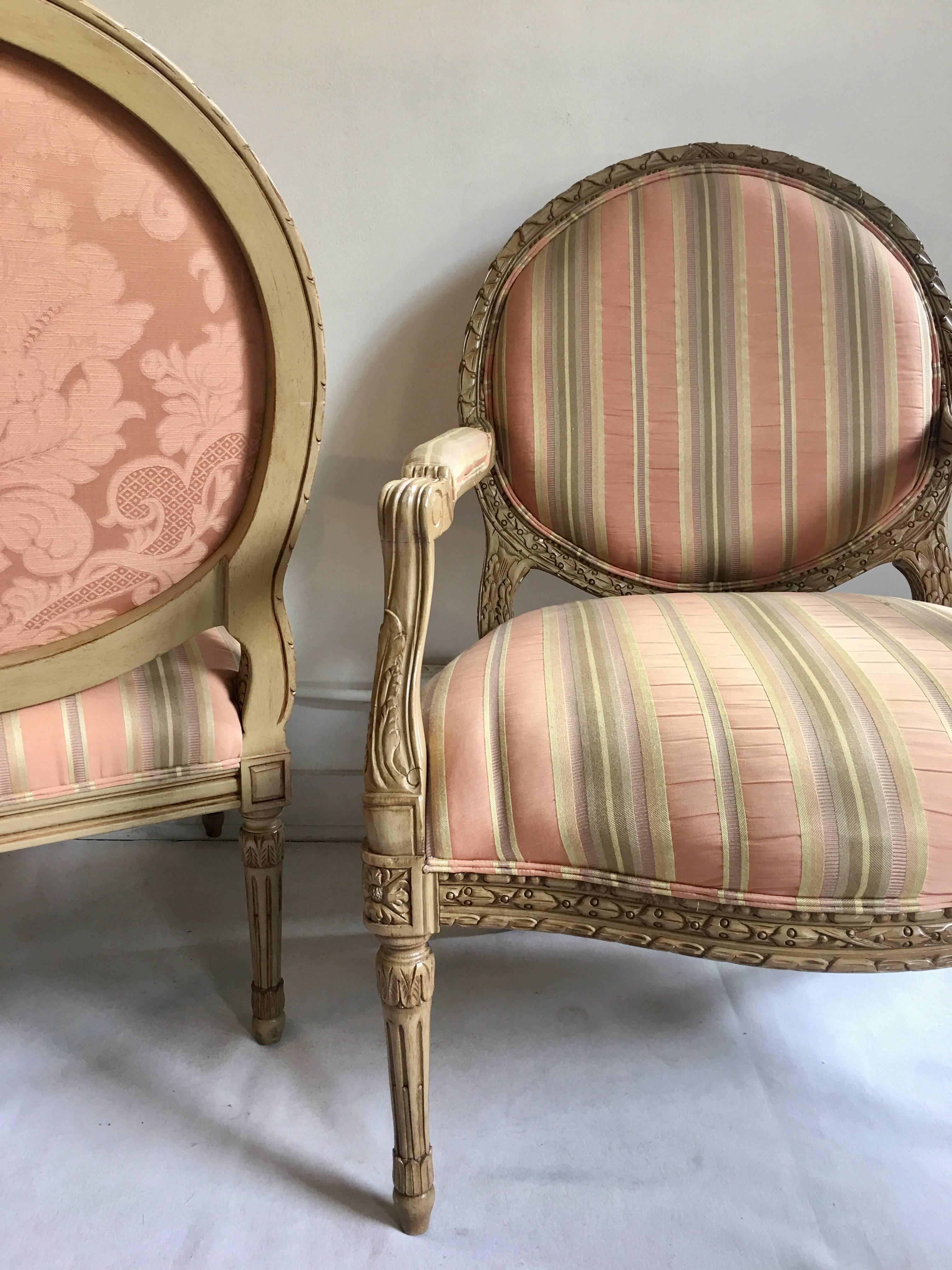 Upholstery French Louis XVI Style Carved Fauteuil Bergère Armchairs by Henredon, Pair