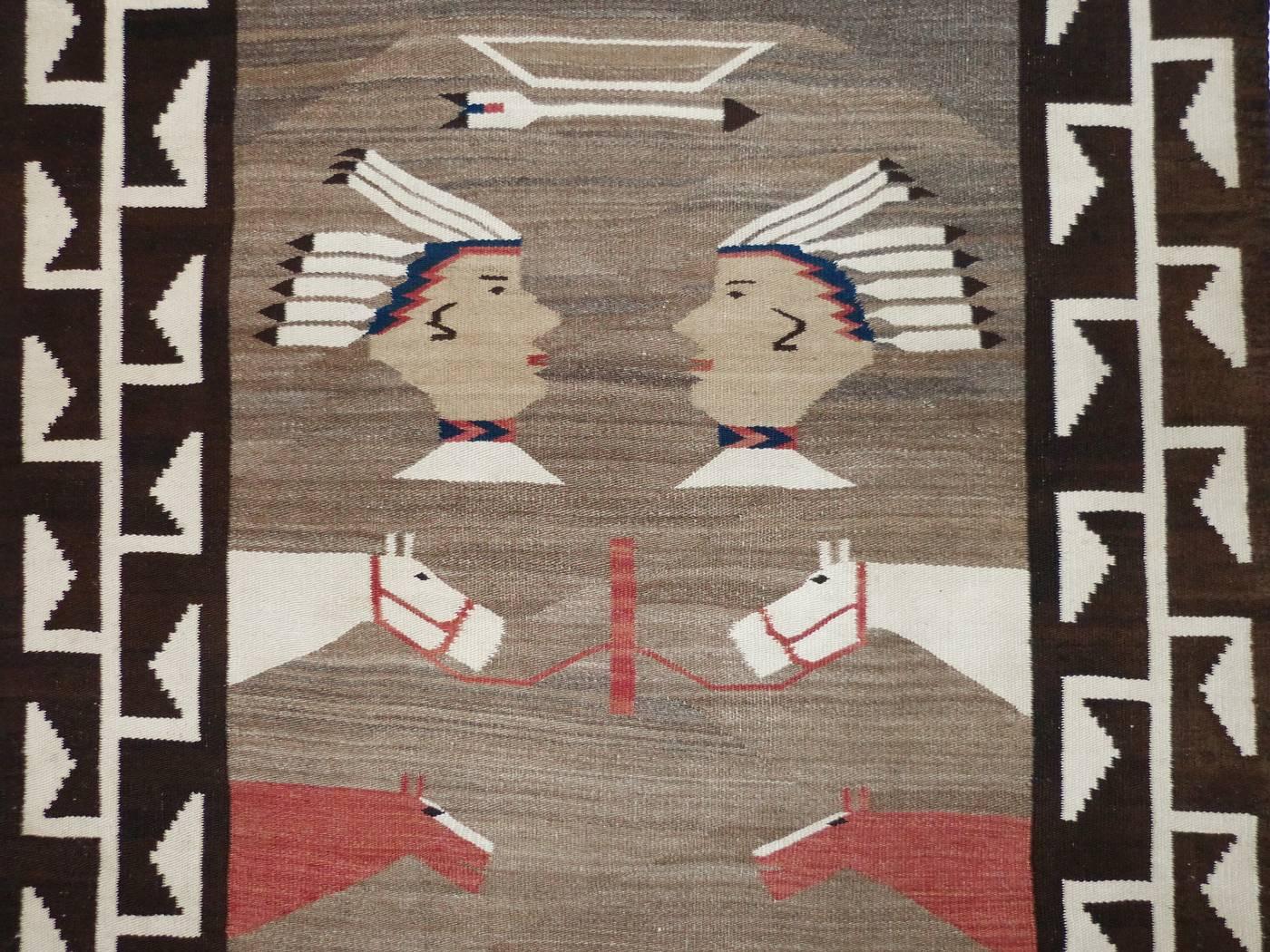 An early and whimsical example of a pictorial textile, this piece portrays six head dress wearing 