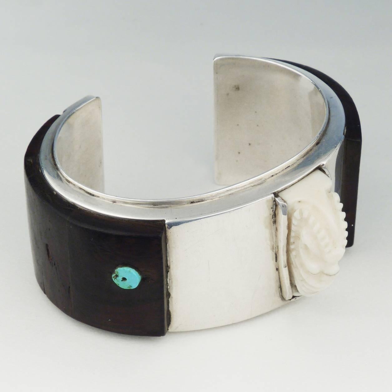Modern Eveli Silver and Ironwood Cuff with Turquoise and Ivory Detail, circa 1970