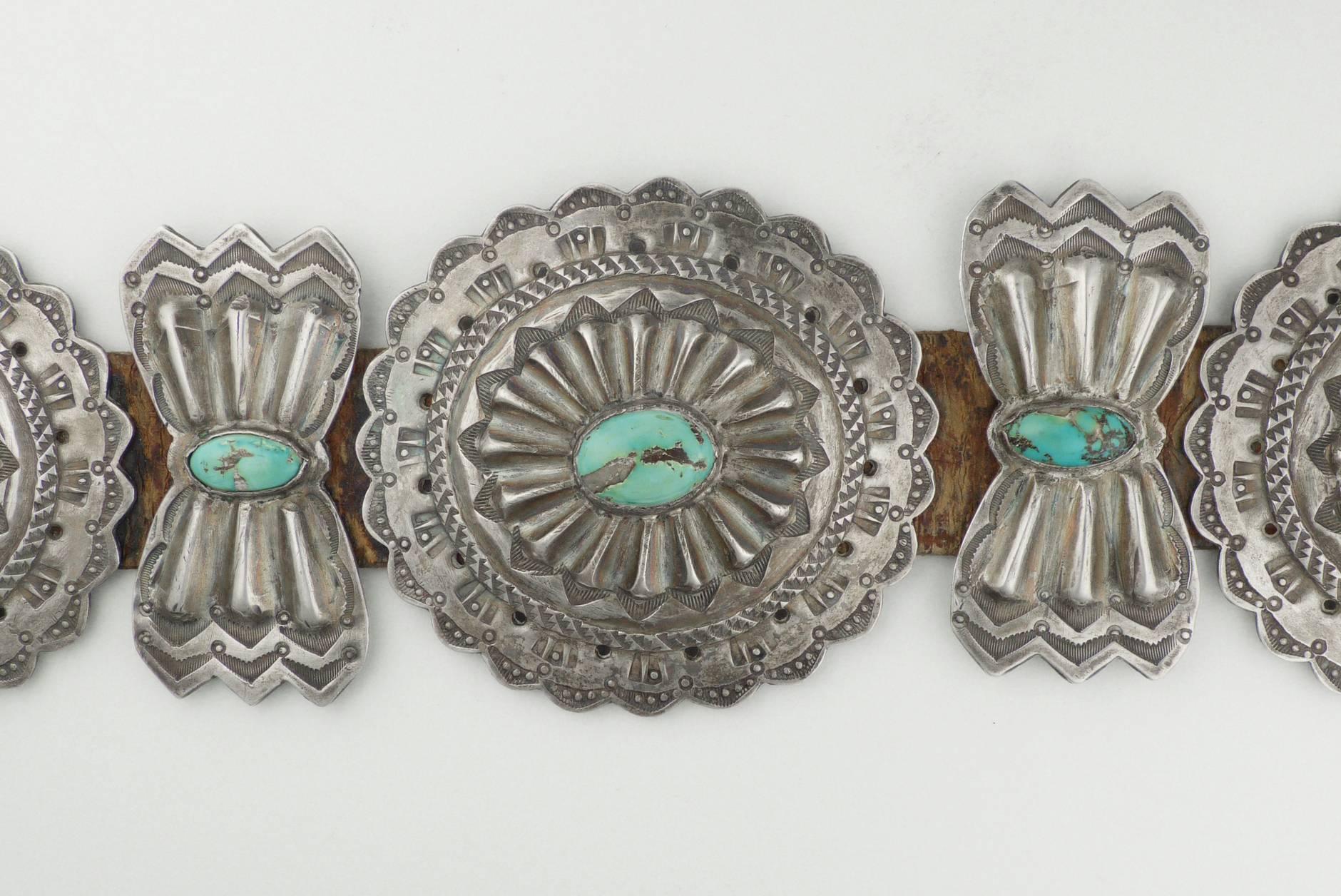 Navajo Stamped Silver Concho Belt with Turquoise, circa 1940