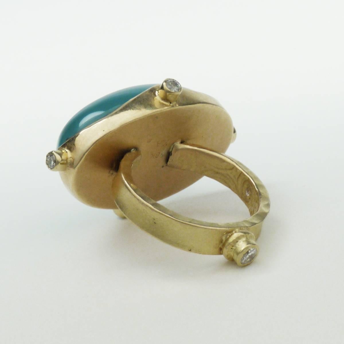 Native American Gold Chalcedony Ring with Diamonds, by Keri Ataumbi