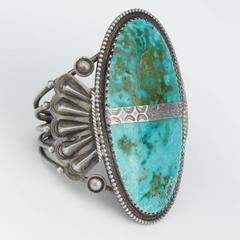 Navajo Bracelet with Large Blue Gem Turquoise Stone, circa 1940