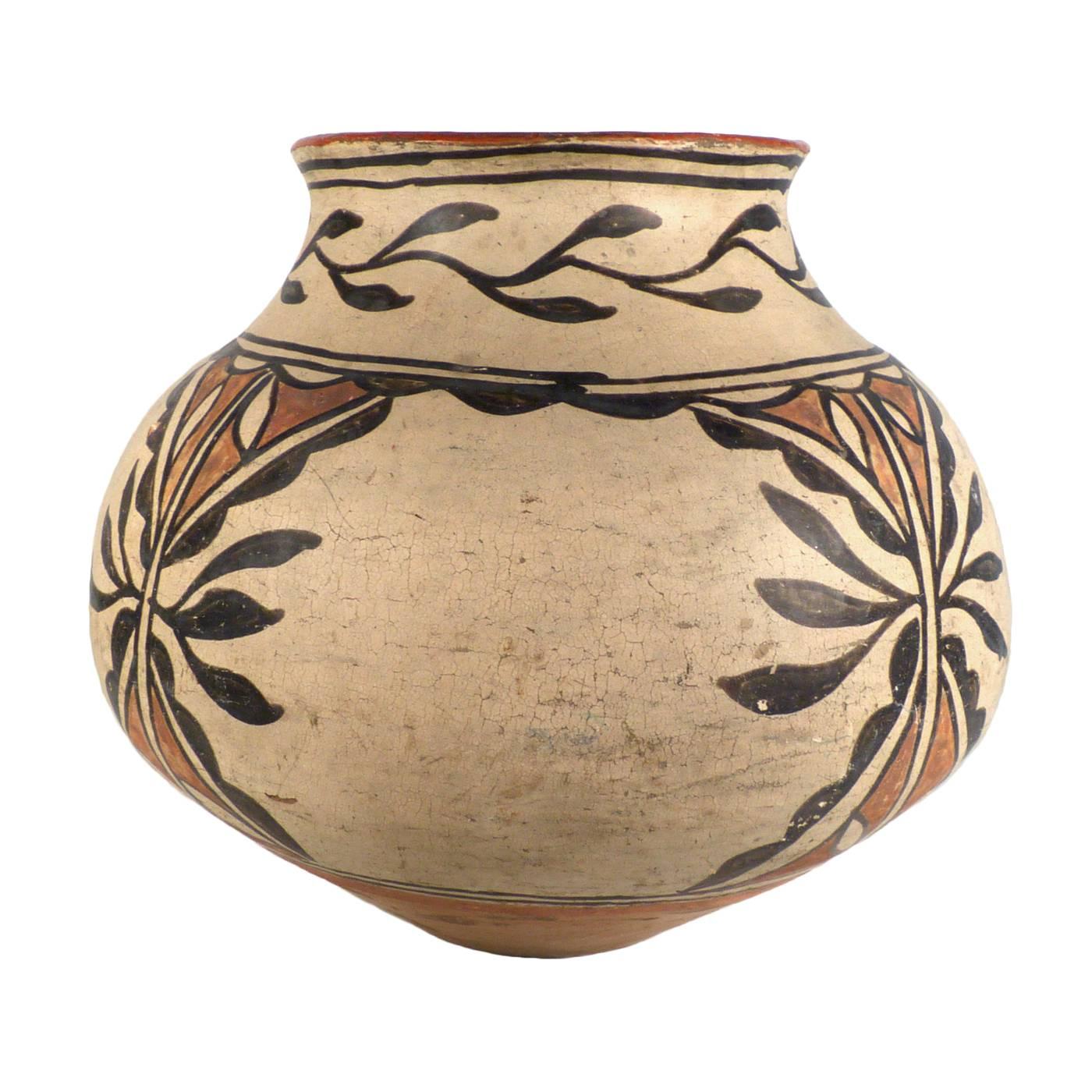A traditionally made and fired pot from Tesuque Pueblo in New Mexico.