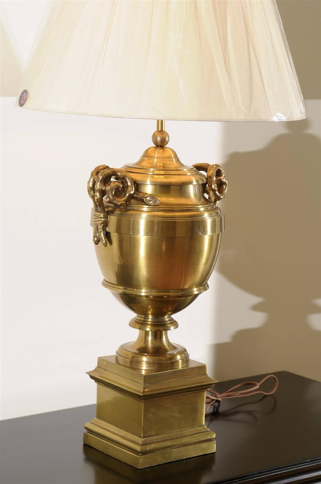 Exquisite Pair of Brass Urn Lamps in the Style of Maison Jansen In Excellent Condition For Sale In Atlanta, GA