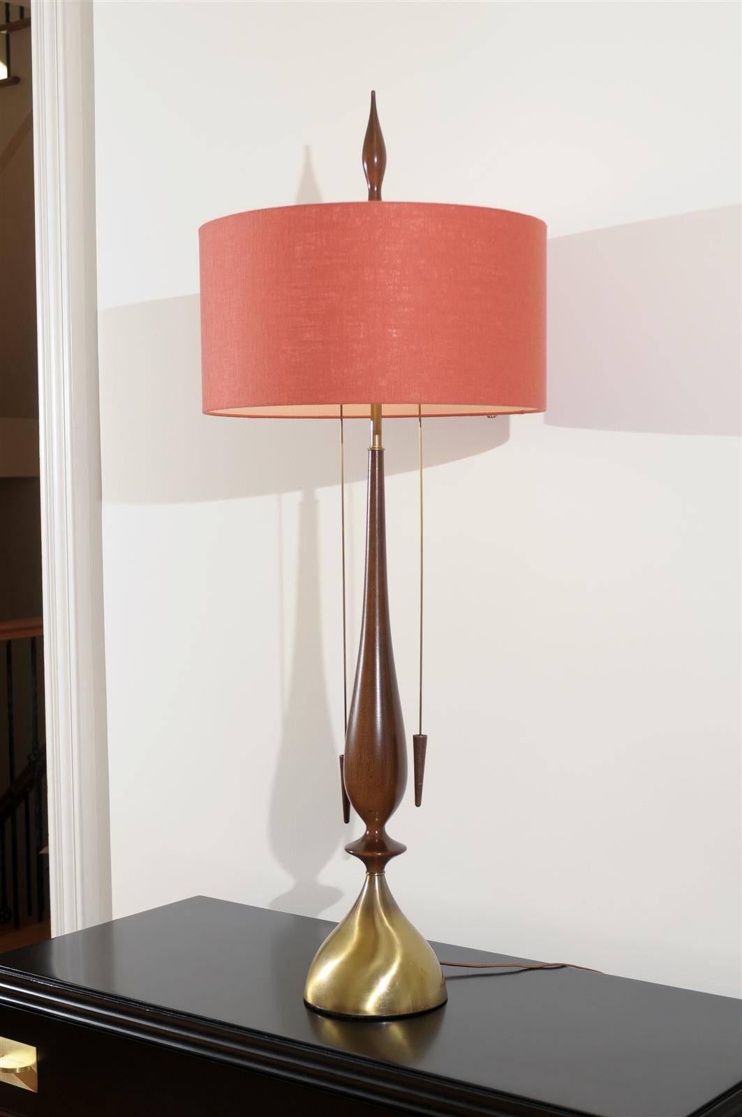 Monumental Pair of Walnut and Brass Lamps by Frederick Cooper, circa 1960 In Excellent Condition For Sale In Atlanta, GA