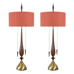 Monumental Pair of Walnut and Brass Lamps by Frederick Cooper, circa 1960