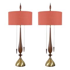 Monumental Pair of Walnut and Brass Lamps by Frederick Cooper 7