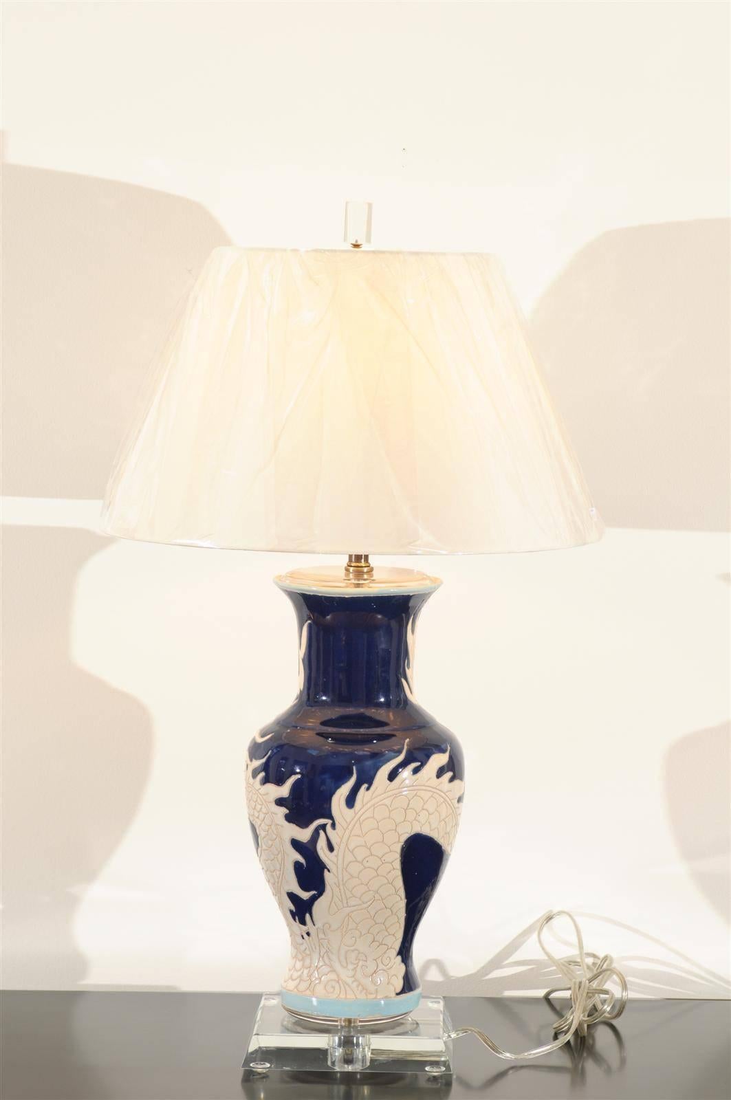 Ceramic Restored Pair of Dramatic Vintage Dragon Lamps in Cobalt and Cream For Sale