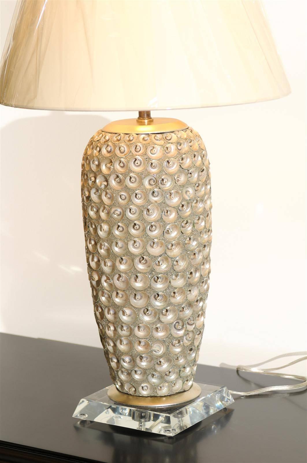 Pair of Modern Large-Scale Shell Lamps with Lucite and Silver Leaf Accents For Sale 1