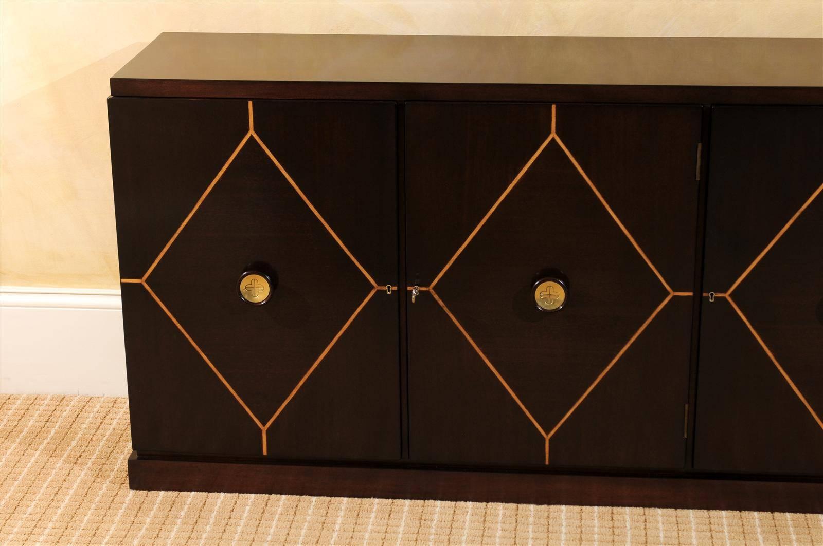 Brass Elegant Restored Mahogany Cabinet or Buffet by Tommi Parzinger for Charak Modern