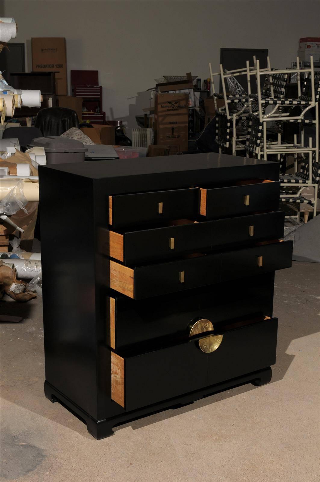 Brass Restored Modern Mahogany Commode by Albert of Shelbyville in Black Lacquer