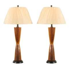 Vintage Monumental Pair of Walnut Hourglass Lamps in the Style of Phillip Lloyd Powell