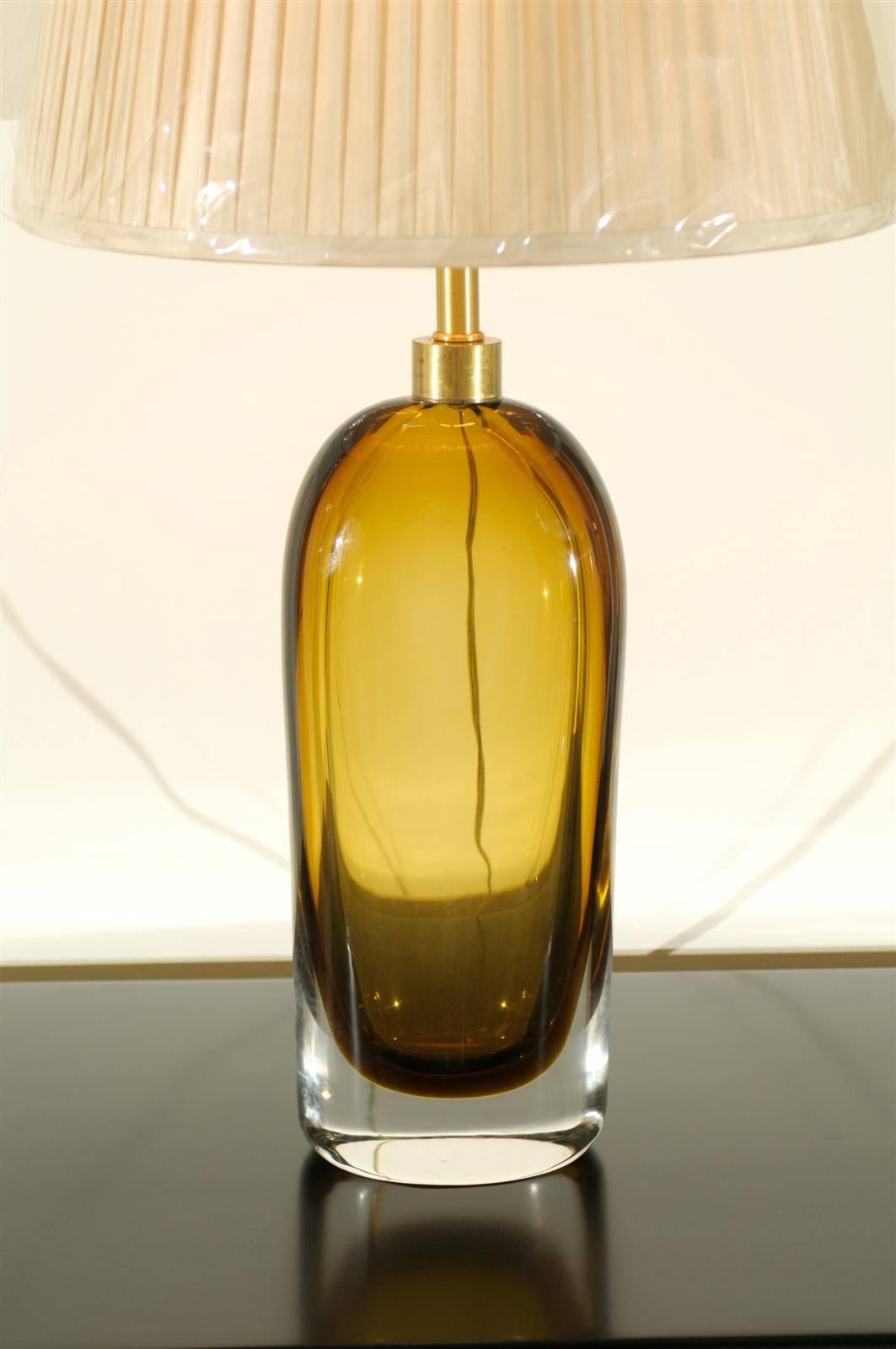 Late 20th Century Exceptional Pair of Restored Amber Glass Lamps by Kosta Boda, circa 1980