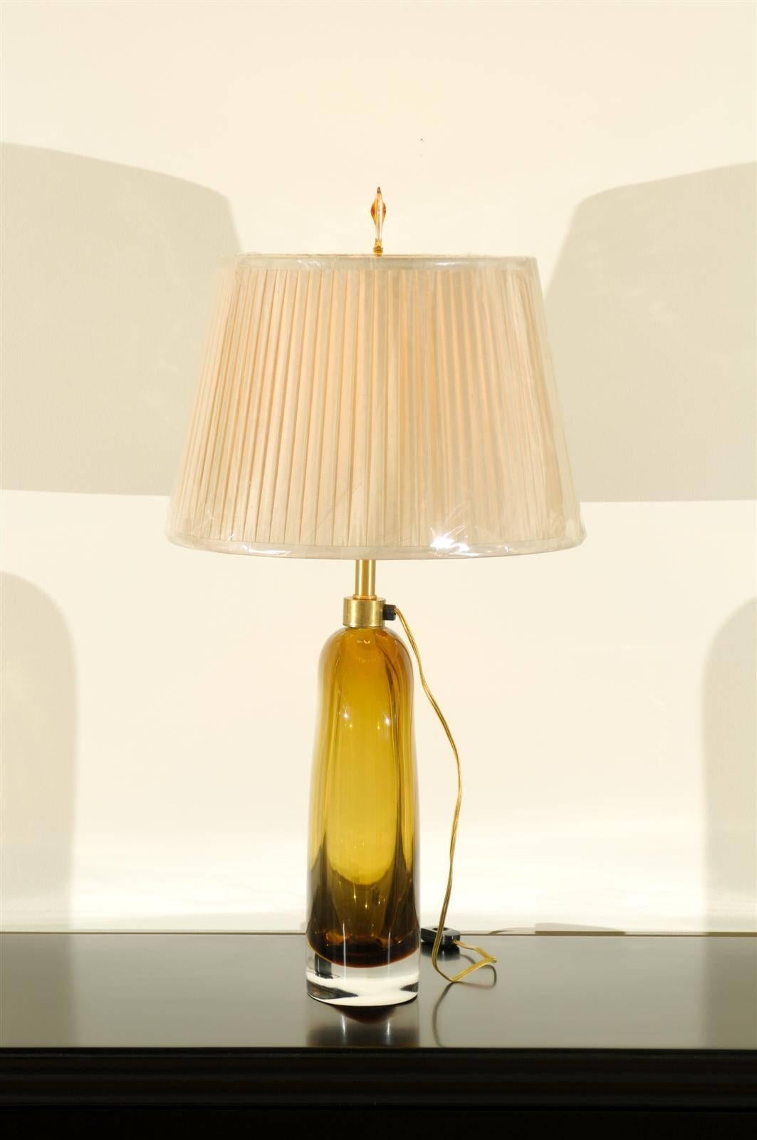 Mid-Century Modern Exceptional Pair of Restored Amber Glass Lamps by Kosta Boda, circa 1980