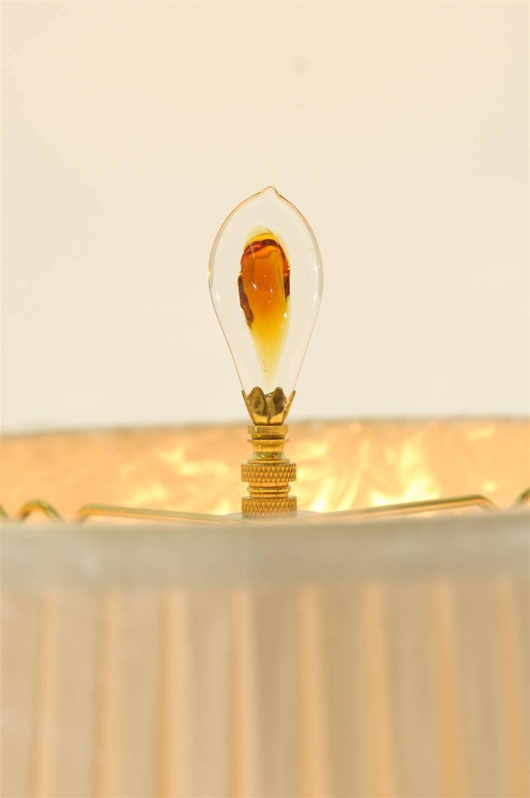Brass Exceptional Pair of Restored Amber Glass Lamps by Kosta Boda, circa 1980