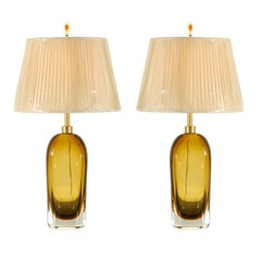Exceptional Pair of Restored Amber Glass Lamps by Kosta Boda, circa 1980