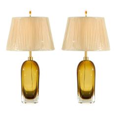 Exceptional Pair of Restored Amber Glass Lamps by Kosta Boda