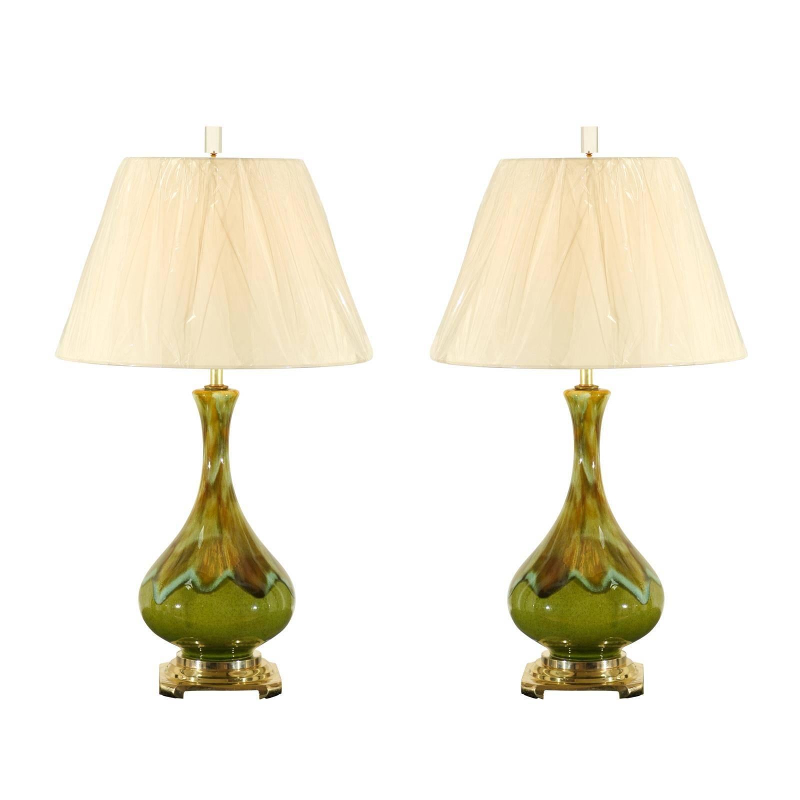 Exceptional Pair of Ceramic Lamps in Apple Green, Robins Egg and Caramel For Sale