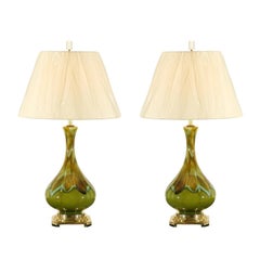 Exceptional Pair of Ceramic Lamps in Apple Green, Robins Egg and Caramel