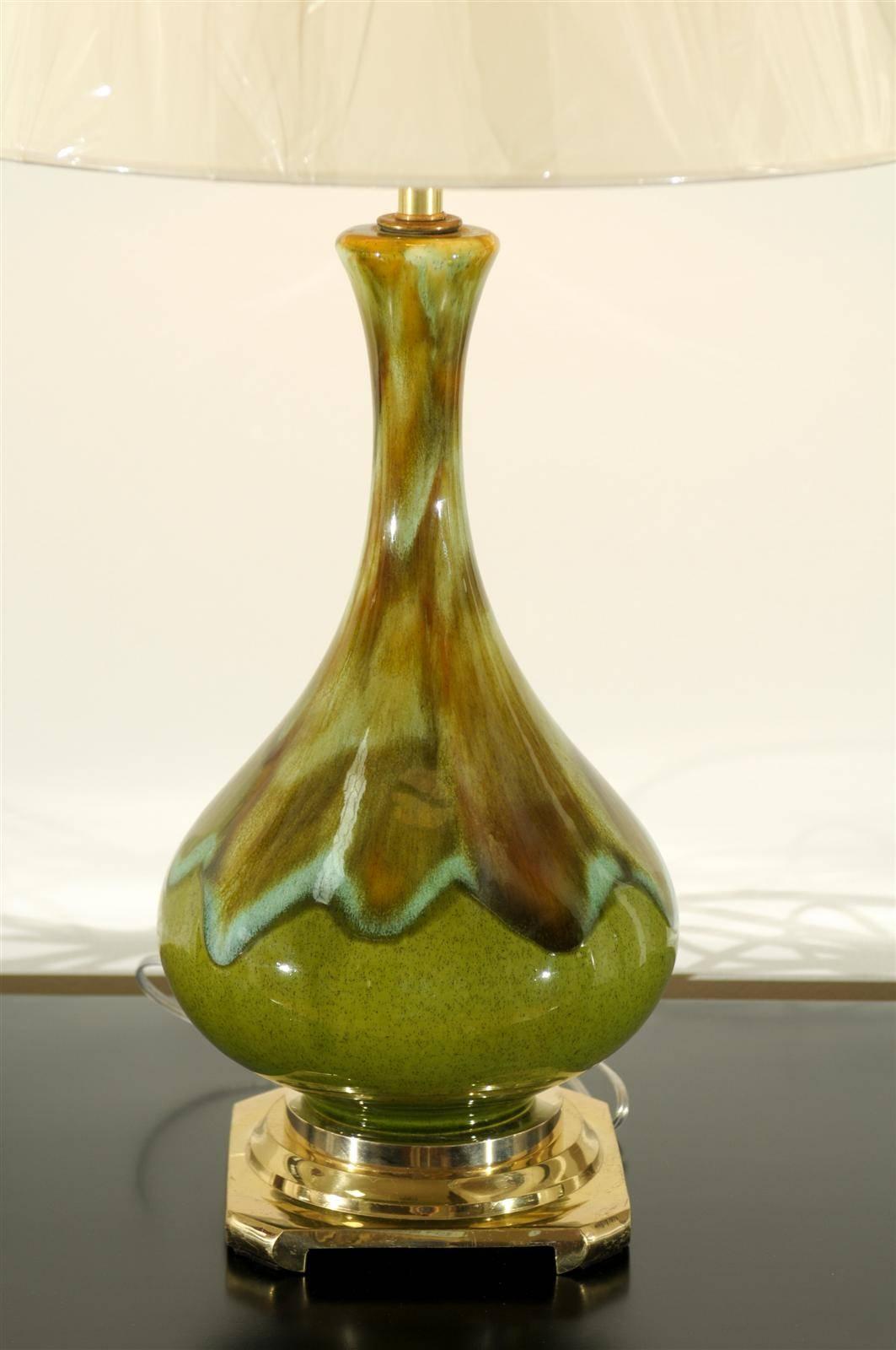 Exceptional Pair of Ceramic Lamps in Apple Green, Robins Egg and Caramel In Excellent Condition For Sale In Atlanta, GA