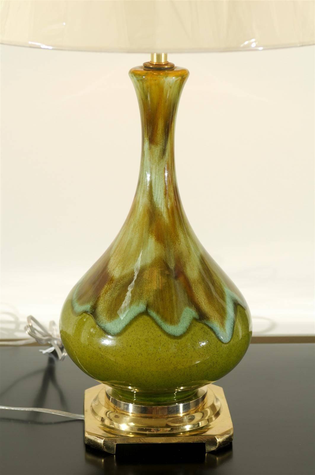 Brass Exceptional Pair of Ceramic Lamps in Apple Green, Robins Egg and Caramel For Sale
