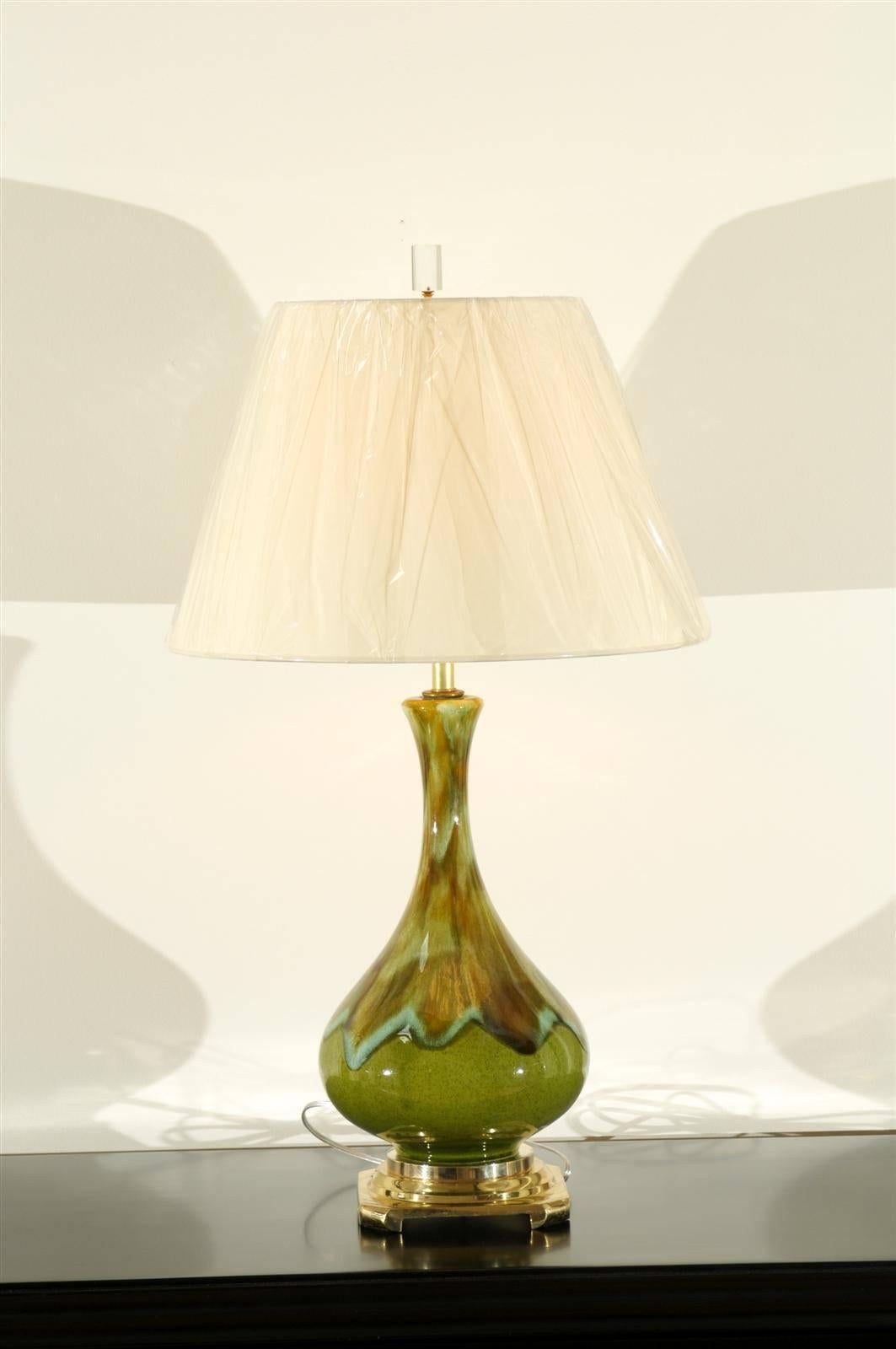 Exceptional Pair of Ceramic Lamps in Apple Green, Robins Egg and Caramel For Sale 1