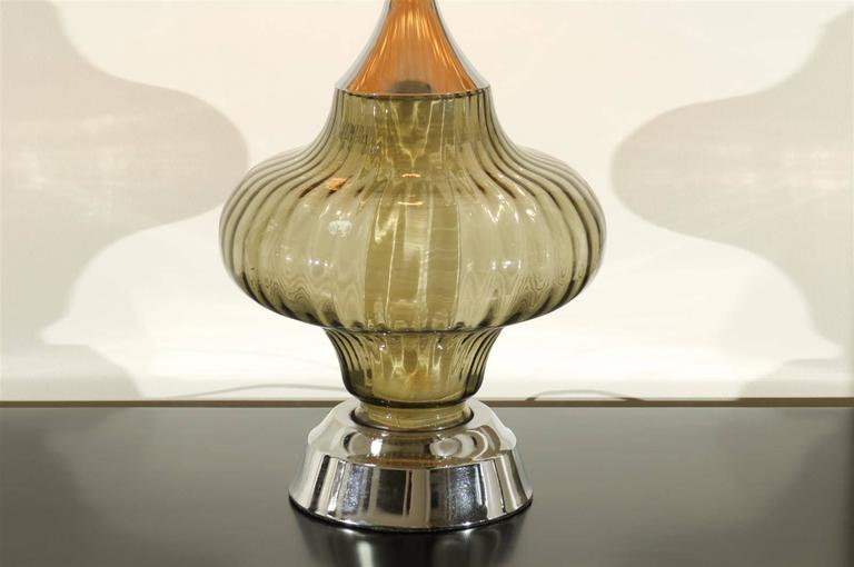 Restored Pair of Vintage Smoked Glass and Chrome Lamps In Excellent Condition For Sale In Atlanta, GA