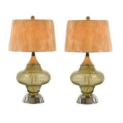 Restored Pair of Vintage Smoked Glass and Chrome Lamps