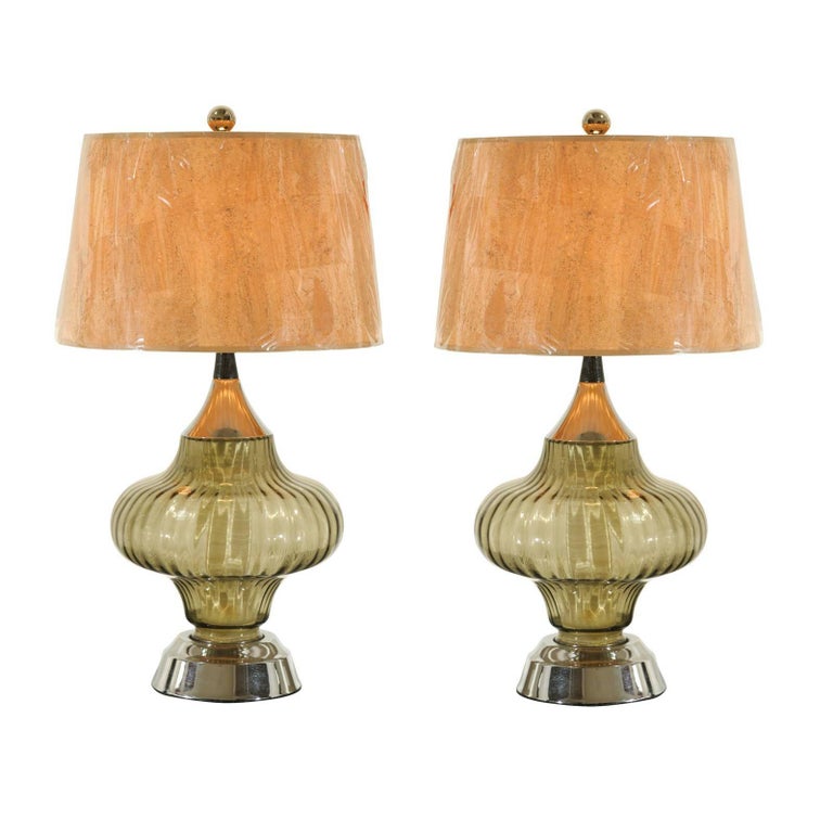 Restored Pair of Vintage Smoked Glass and Chrome Lamps For Sale